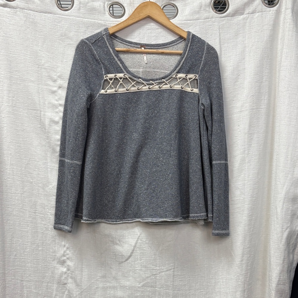 Free People Terry Gray Striped Long Sleeve Women's Top, Oversized Extra Small